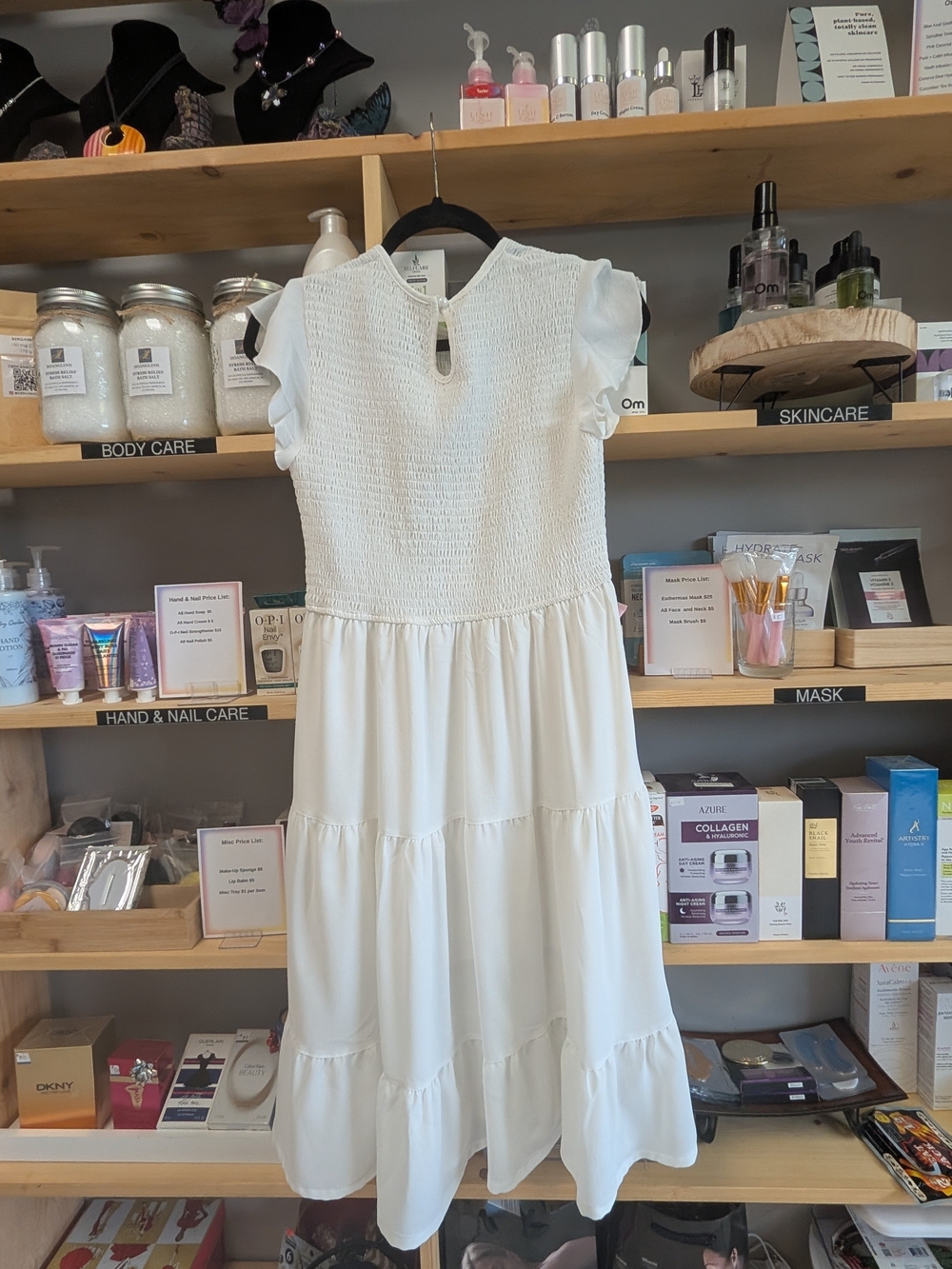 Smocked Bodice White Flutter Sleeve Midi Dress - Picture 3 of 4
